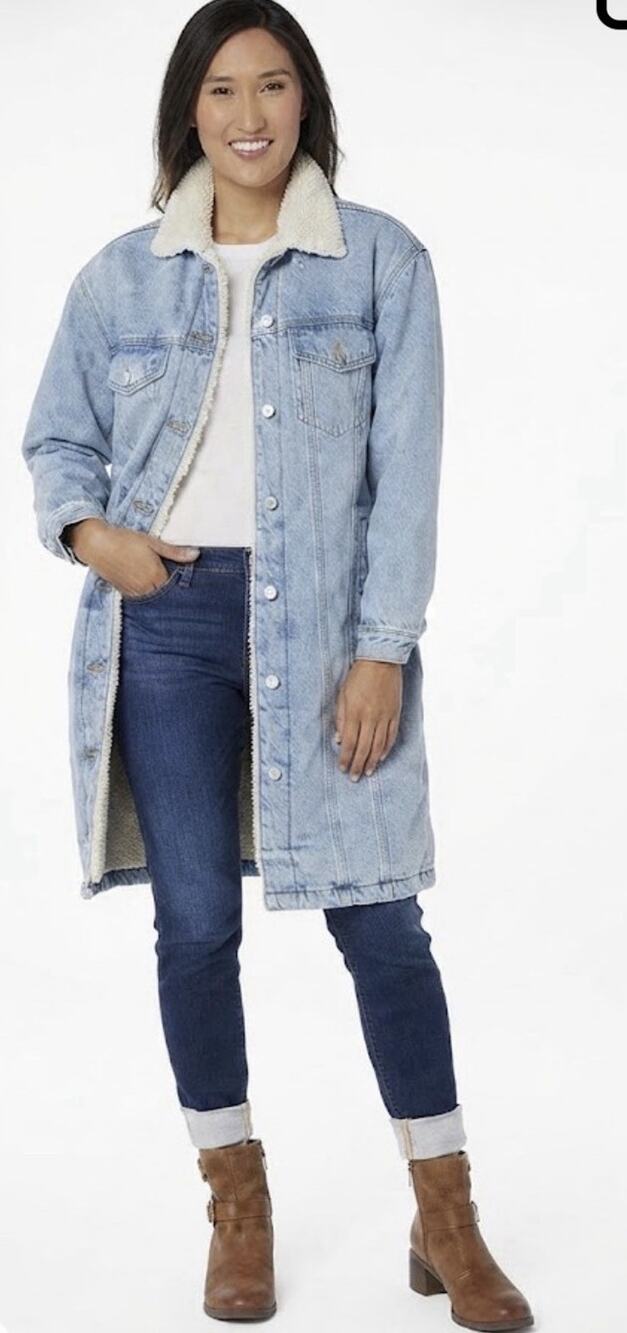 BLANKNYC Long Sherpa Lined Denim Jacket Coat Blue Women's Size Large L Trucker